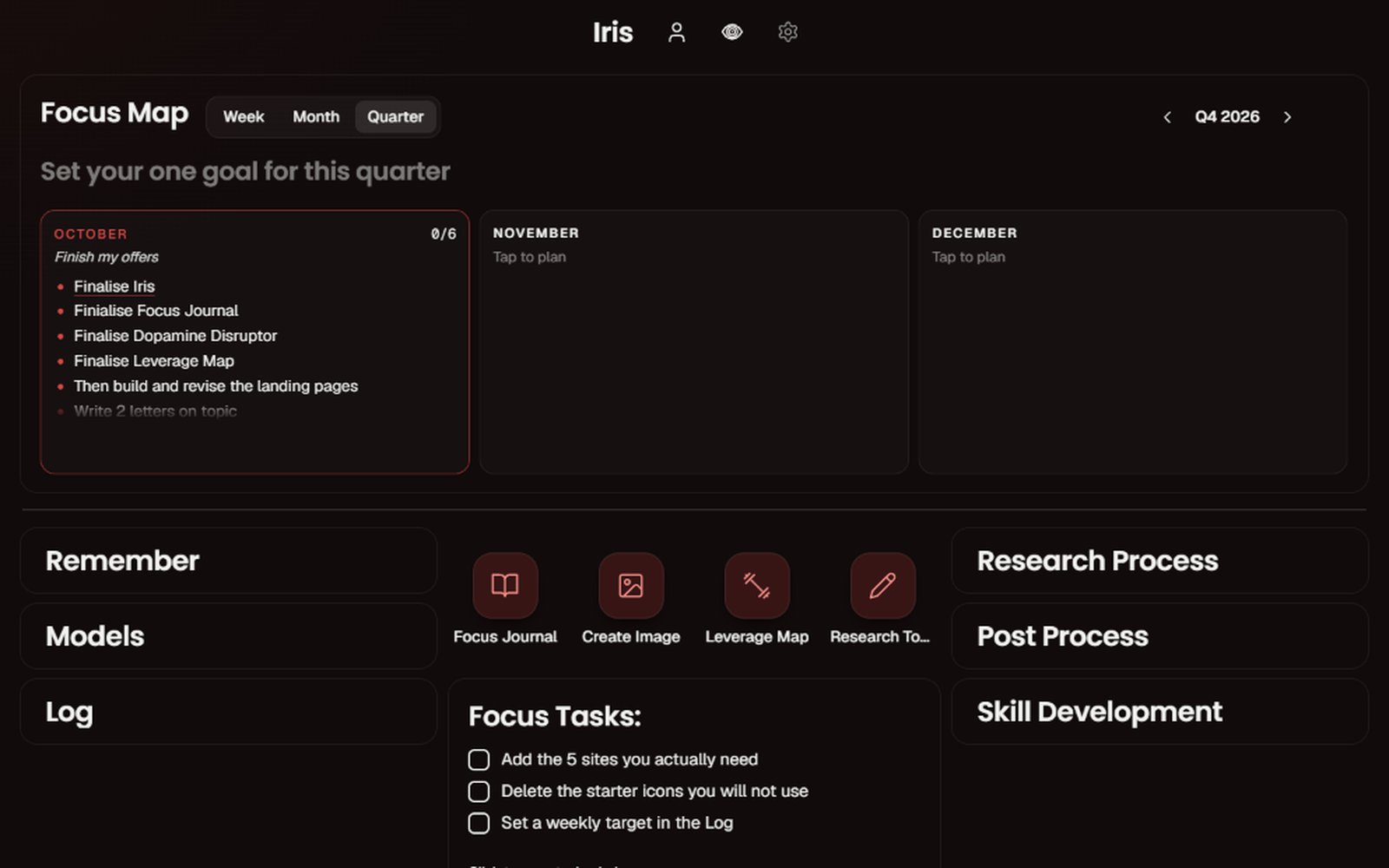 My IRIS board on desktop: the Focus Map for the quarter, process icons, focus tasks and collapsed process cards.
