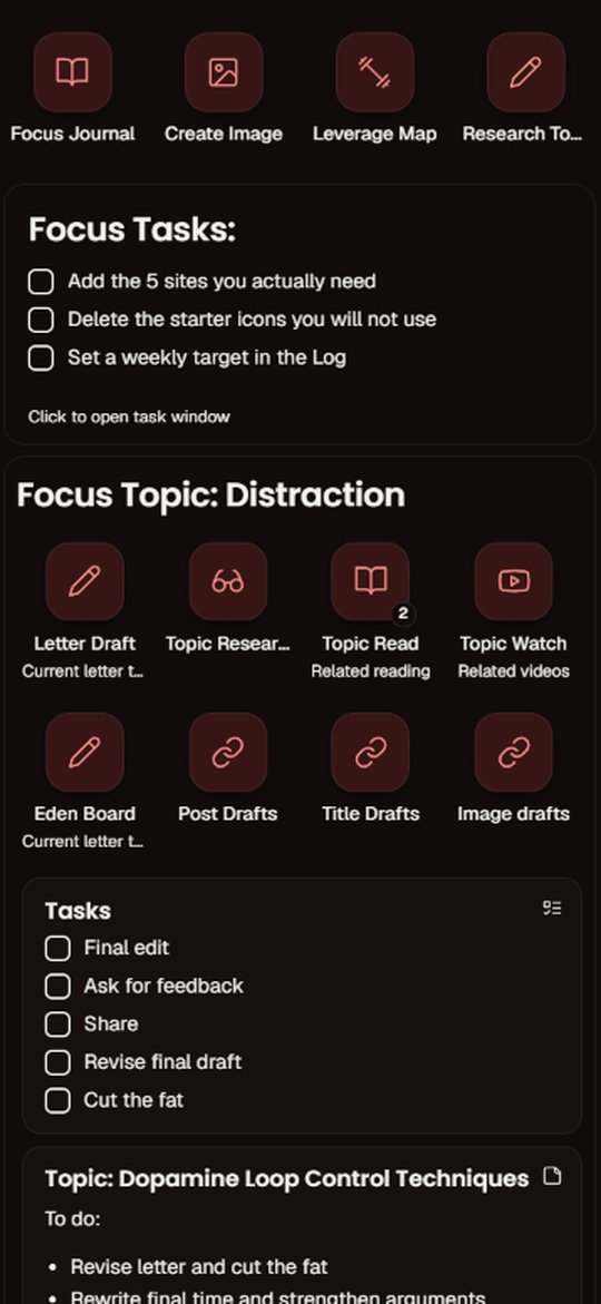 The same board on a phone: icons, focus tasks and a topic collection in one column.