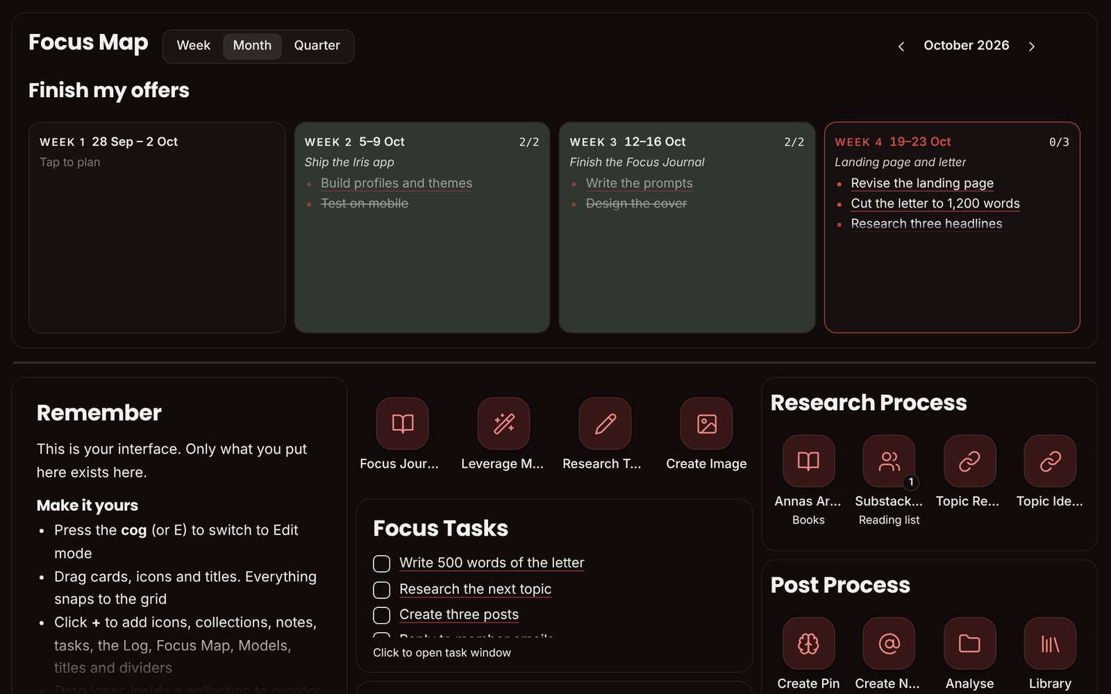 The Focus Map in month view: one goal for October, broken into a goal and tasks for each week.