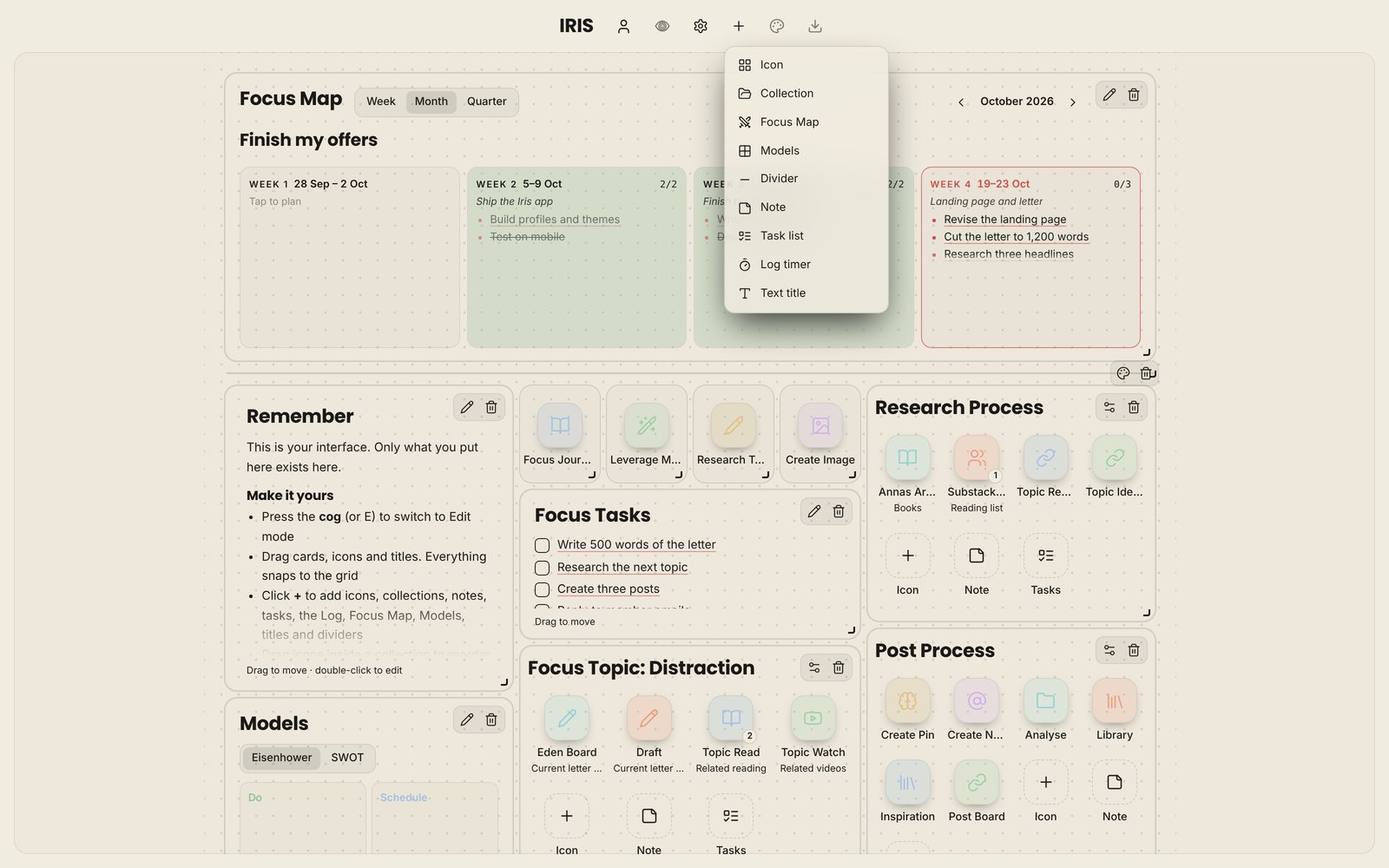 IRIS in Edit mode in light mode, with coloured icons and the add menu open.